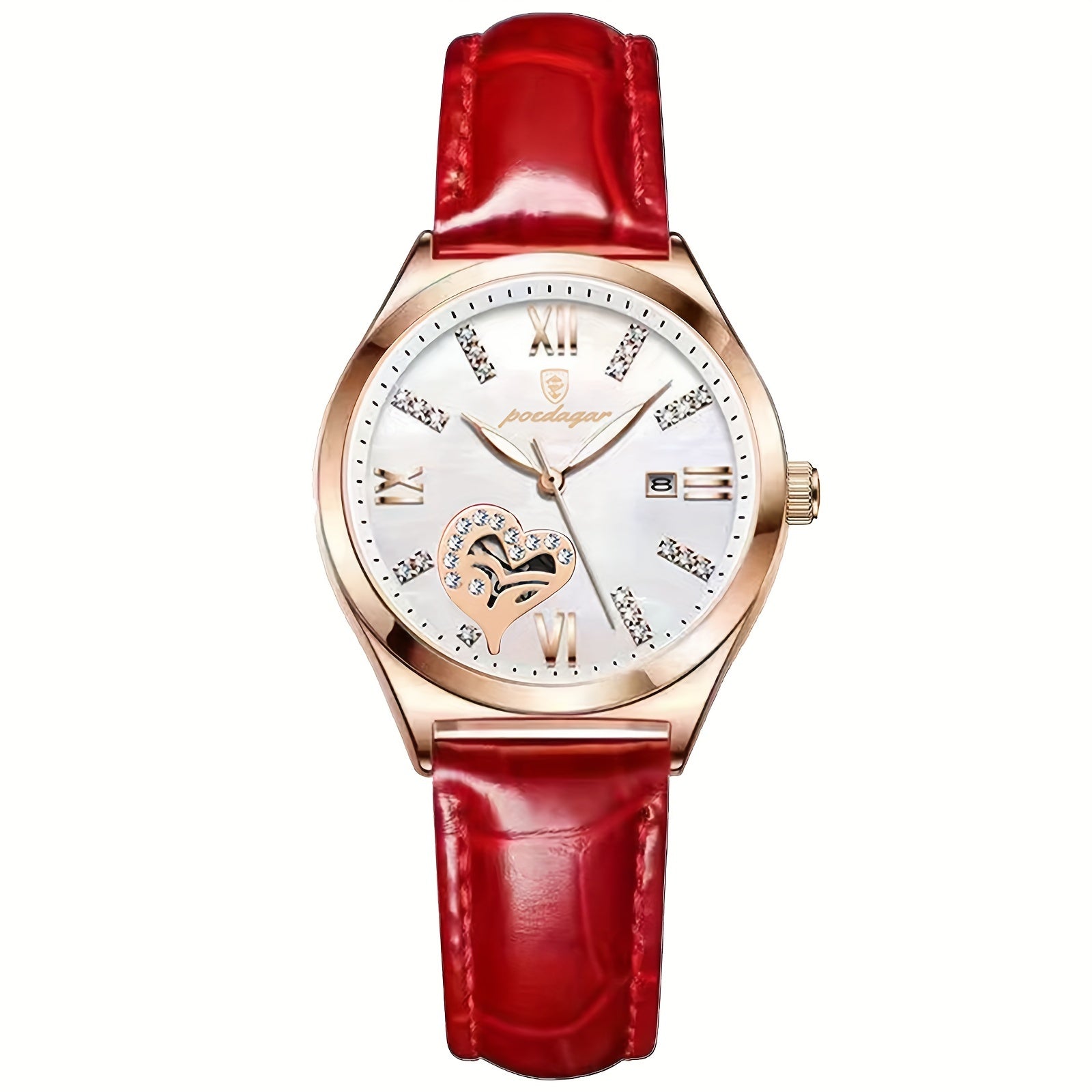 Women's Heart-Shaped Rhinestone Watch with Luminous Dial and Leather Band