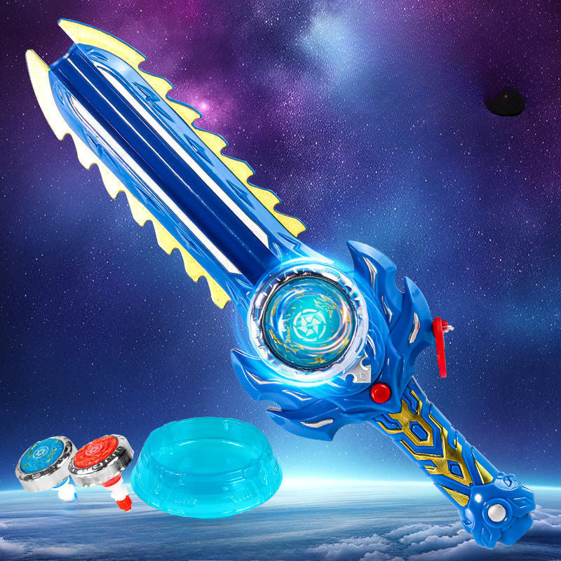 Ikki kishi gyro qilichlar bilan duel qilmoqda, bolalar esa narsalar va o'yinchoqlar bilan o'ynashmoqda.