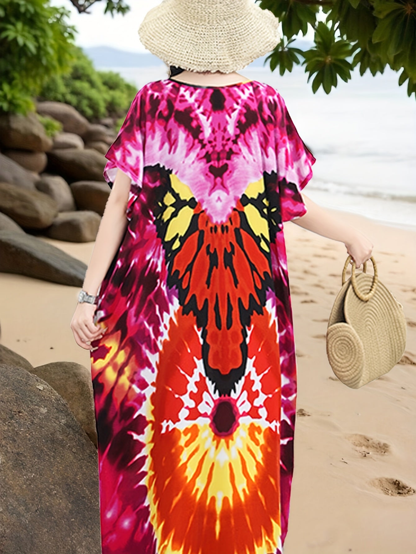 Plus Size Women's Tie-Dye Beach Cover-Up Long Tunic with Floral Patterns