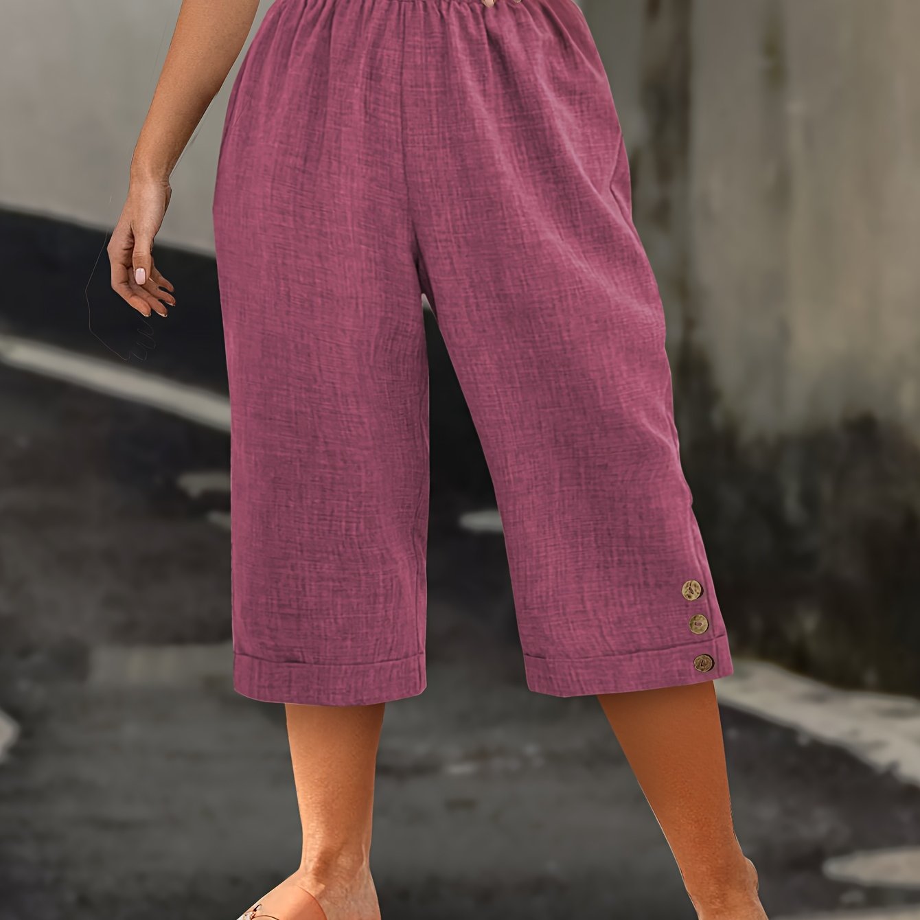 Women Plus Size Olive Green Bermuda Shorts Summer Casual Flat-Fold Button Details