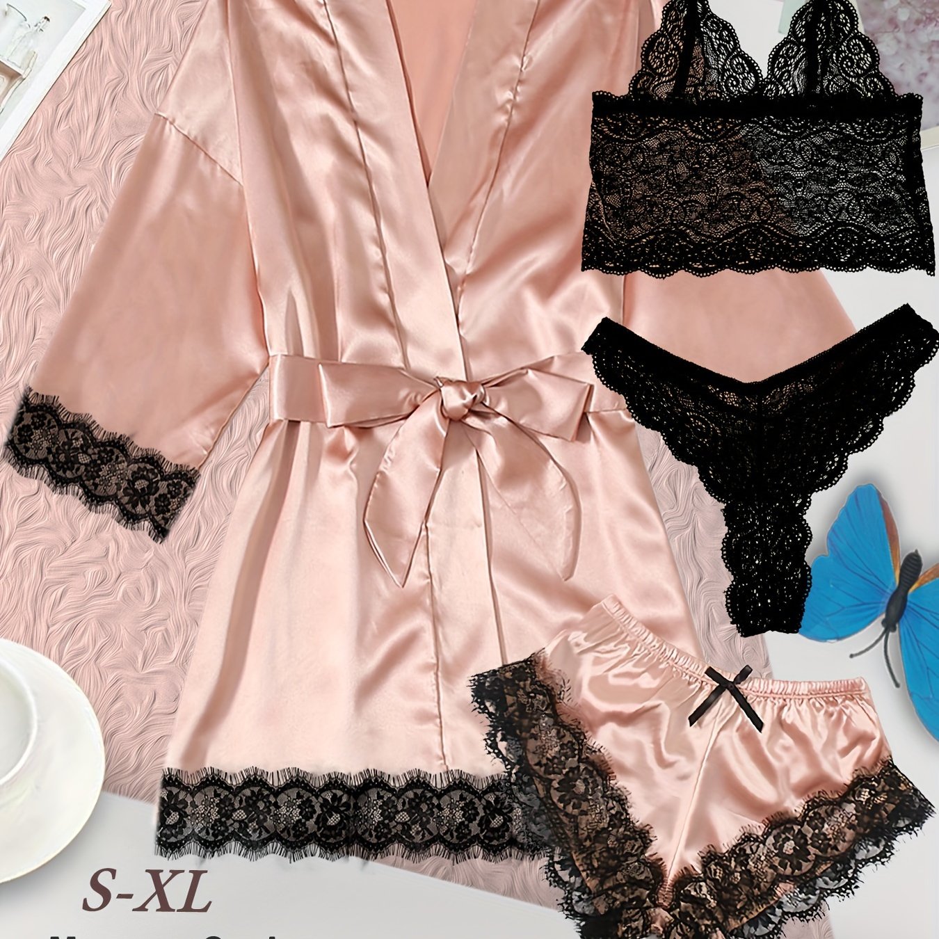 Women's Loungewear Set with Lace Detailing Robe V-Neck Cami Shorts and Panties