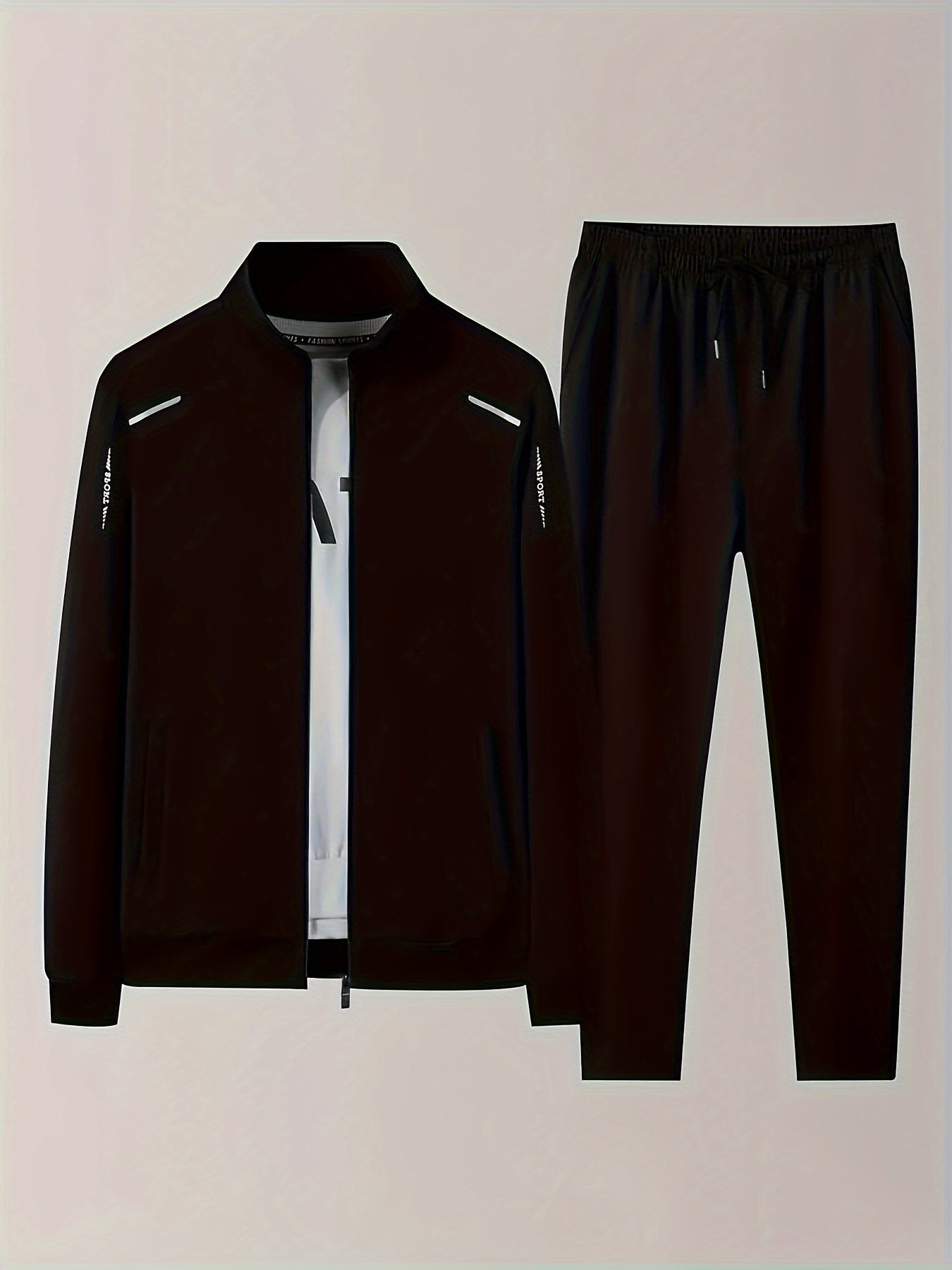 Men's Casual 2-Piece Outfit Fall Winter Solid Color Zip Jacket Drawstring Pants