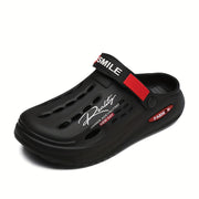 Erkaklar uchun moda qopqog'i: Qizil aksentli qora EVA sandallar, nafas oladigan va qulay, tasodifiy kiyim uchun surish dizayni.