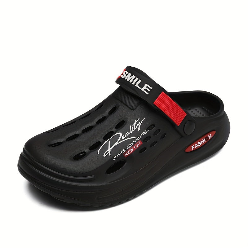 Erkaklar uchun moda qopqog'i: Qizil aksentli qora EVA sandallar, nafas oladigan va qulay, tasodifiy kiyim uchun surish dizayni.
