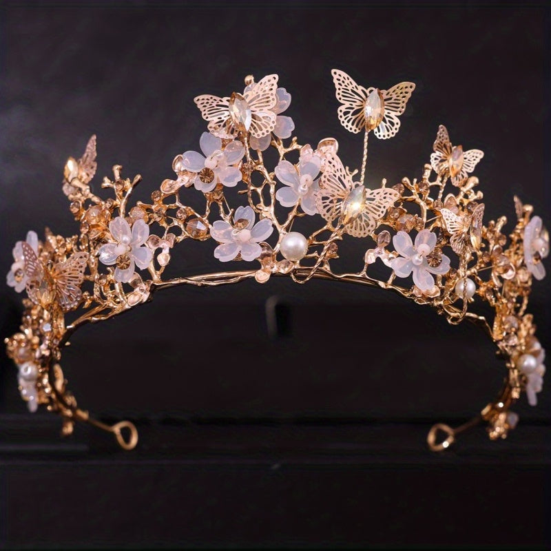 Невестная цветочная корона с жемчугами, стразами и бабочкой, аксессуар для свадебных причесок
