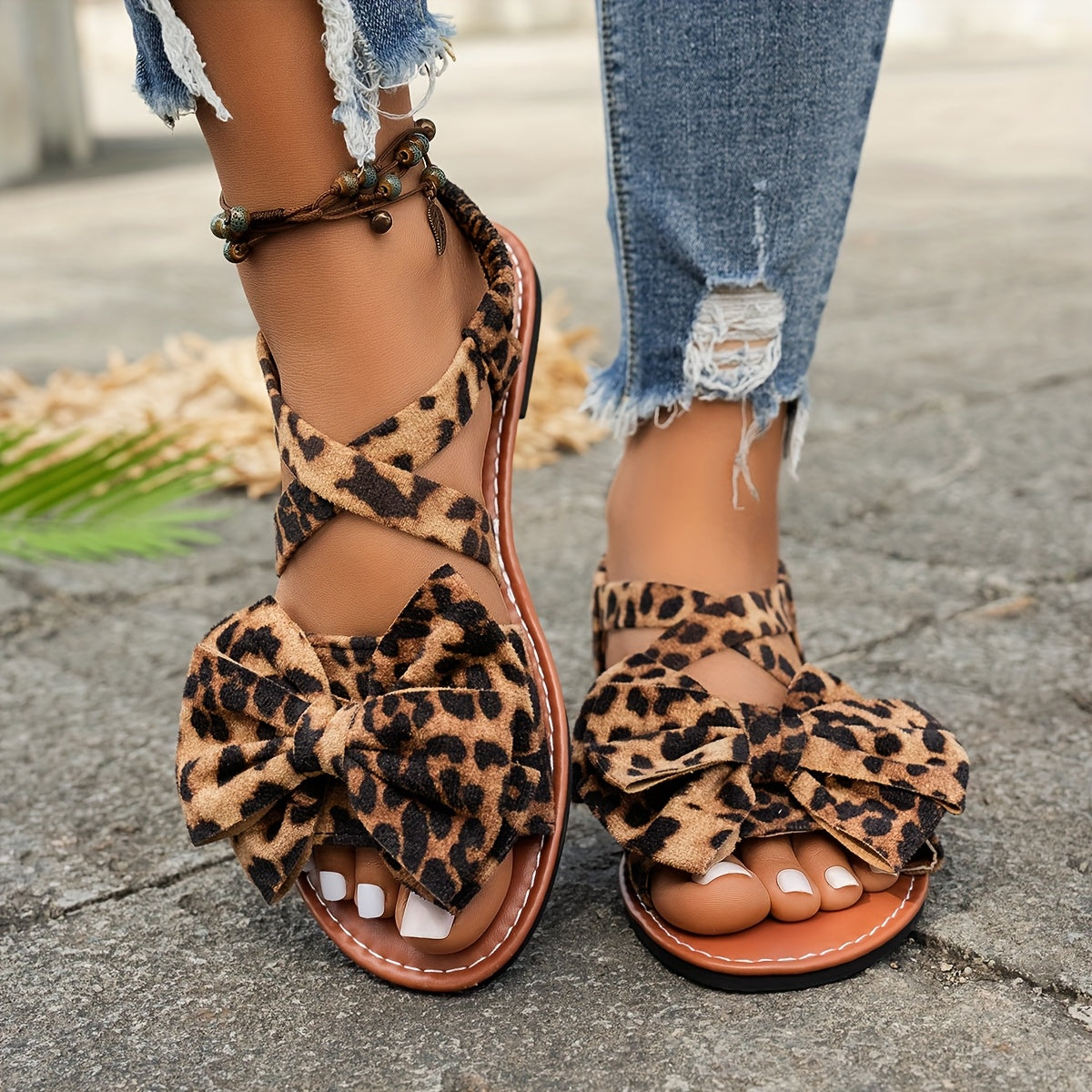 Women's Leopard Print Bow Sandals Open-Toe Adjustable Ankle Breathable Fabric