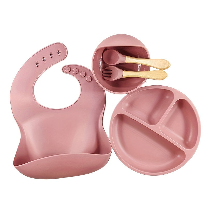 Juego de 5 utensilios para bebés para autoalimentación kit de destete con babero, cuenco, plato, cuchara