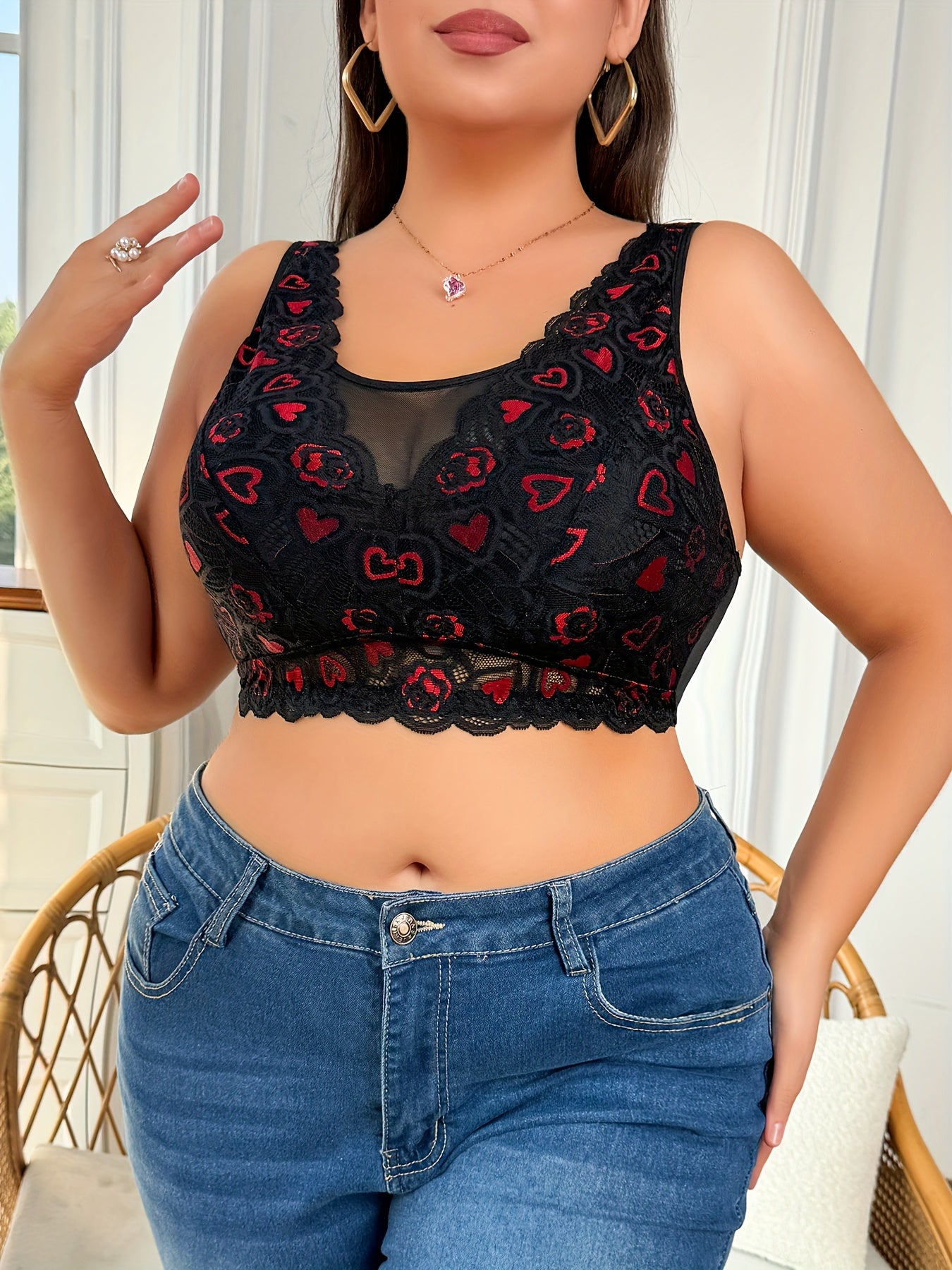 Plus Size Sheer Heart Pattern Corsetry Lingerie with Contrast Lace