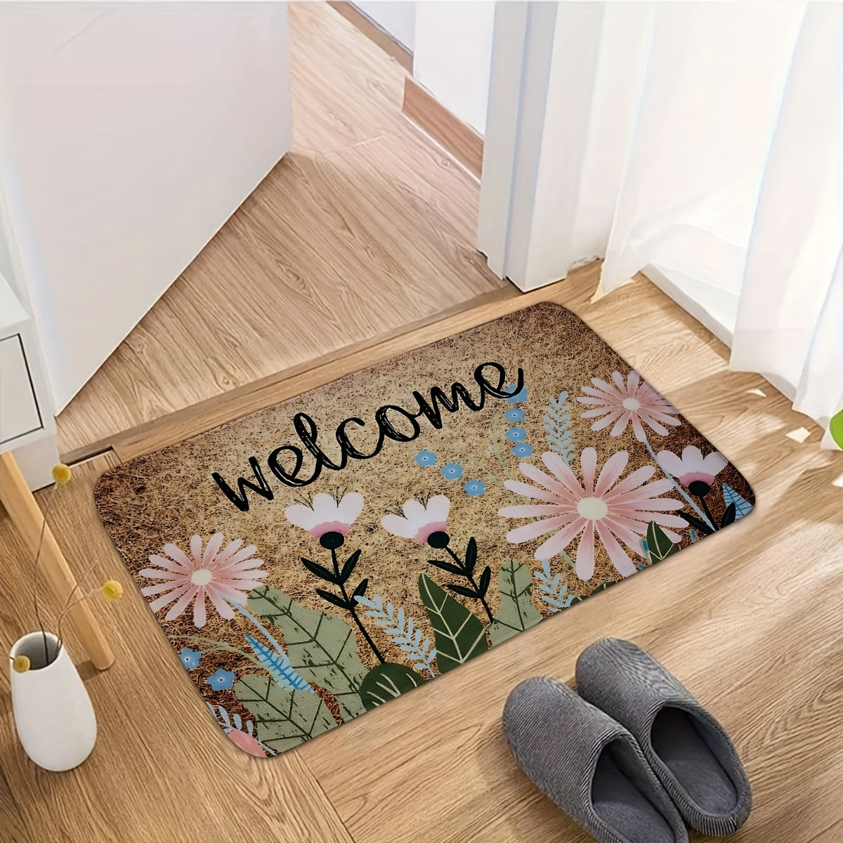 Нескользящий коврик Spring Daisy Welcome: полиэстеровый коврик, пригодный для машинной стирки, для кухни, ванной комнаты, гостиной и прихожей — с декоративным цветочным узором в форме прямоугольника