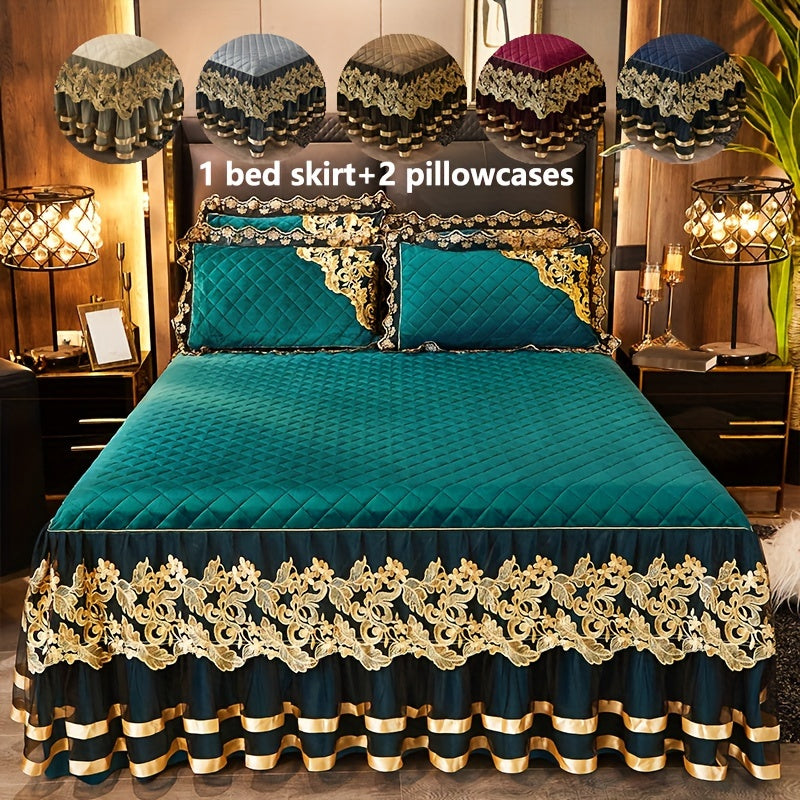Solid Color Bed Skirt and Pillowcase Set with Lace Detail Quilted Ruffled Design