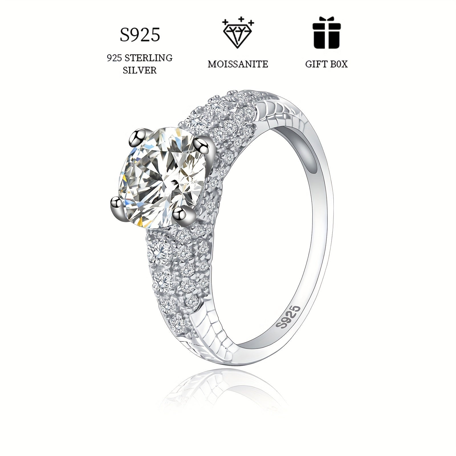 Anillo de compromiso de plata de ley 925 con moissanita de 2 quilates, piedras deslumbrantes y certificado