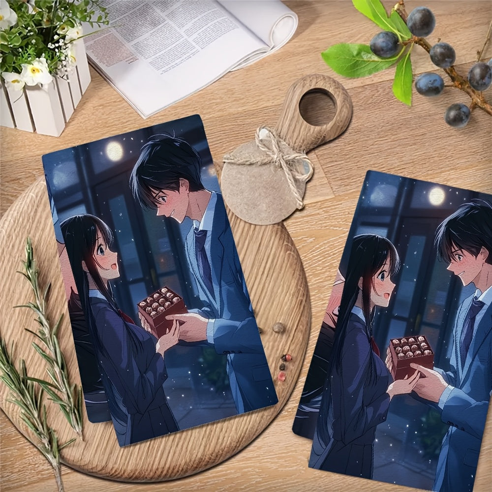 Juego de 2 toallas de cocina ultra suaves Anime Boy cabello negro traje azul regalo toallas de cocina absorbentes de chocolate