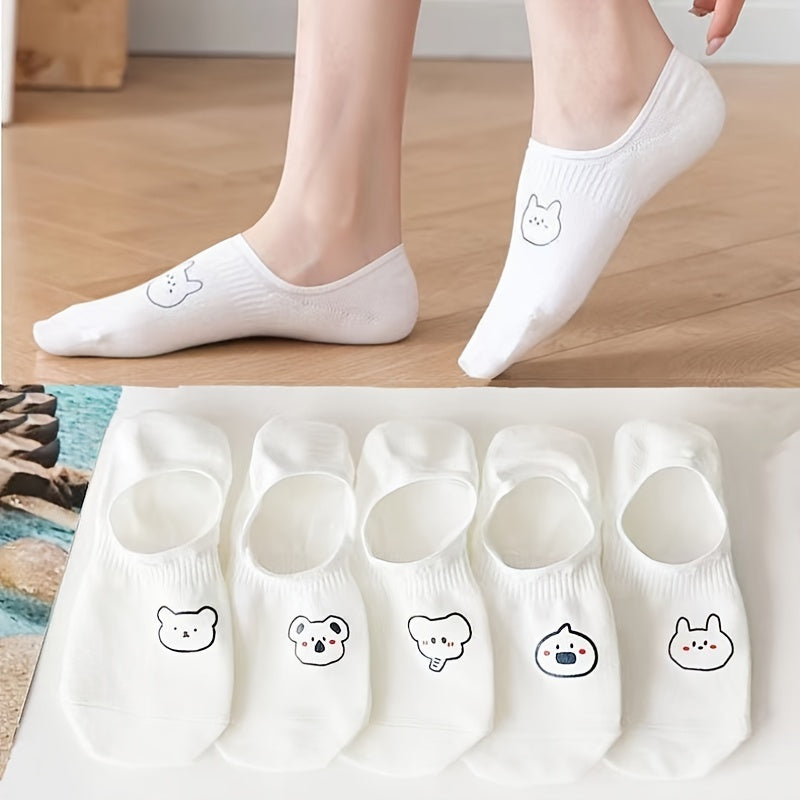 Women's Low-Cut Invisible Socks Set of 10 with Cartoon Designs Non-Slip Short Socks