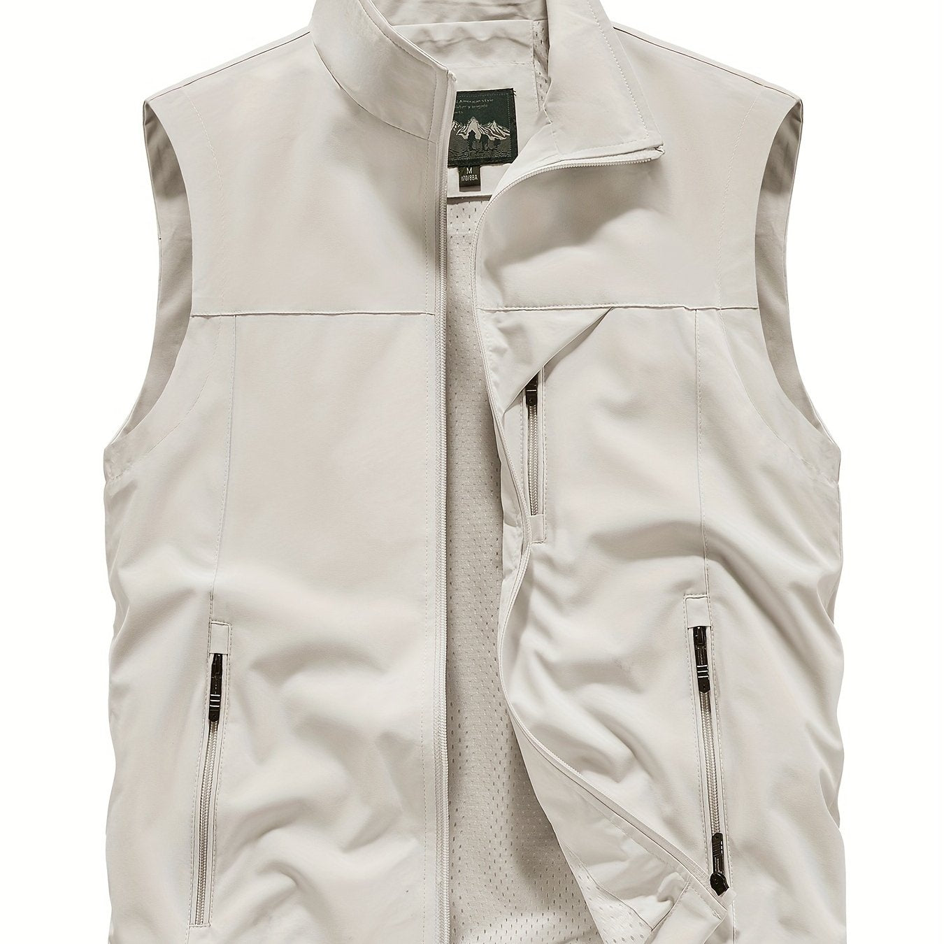 Men's Polyester Sleeveless Jacket with Zipper Pockets Stand Collar for Outdoor Activities