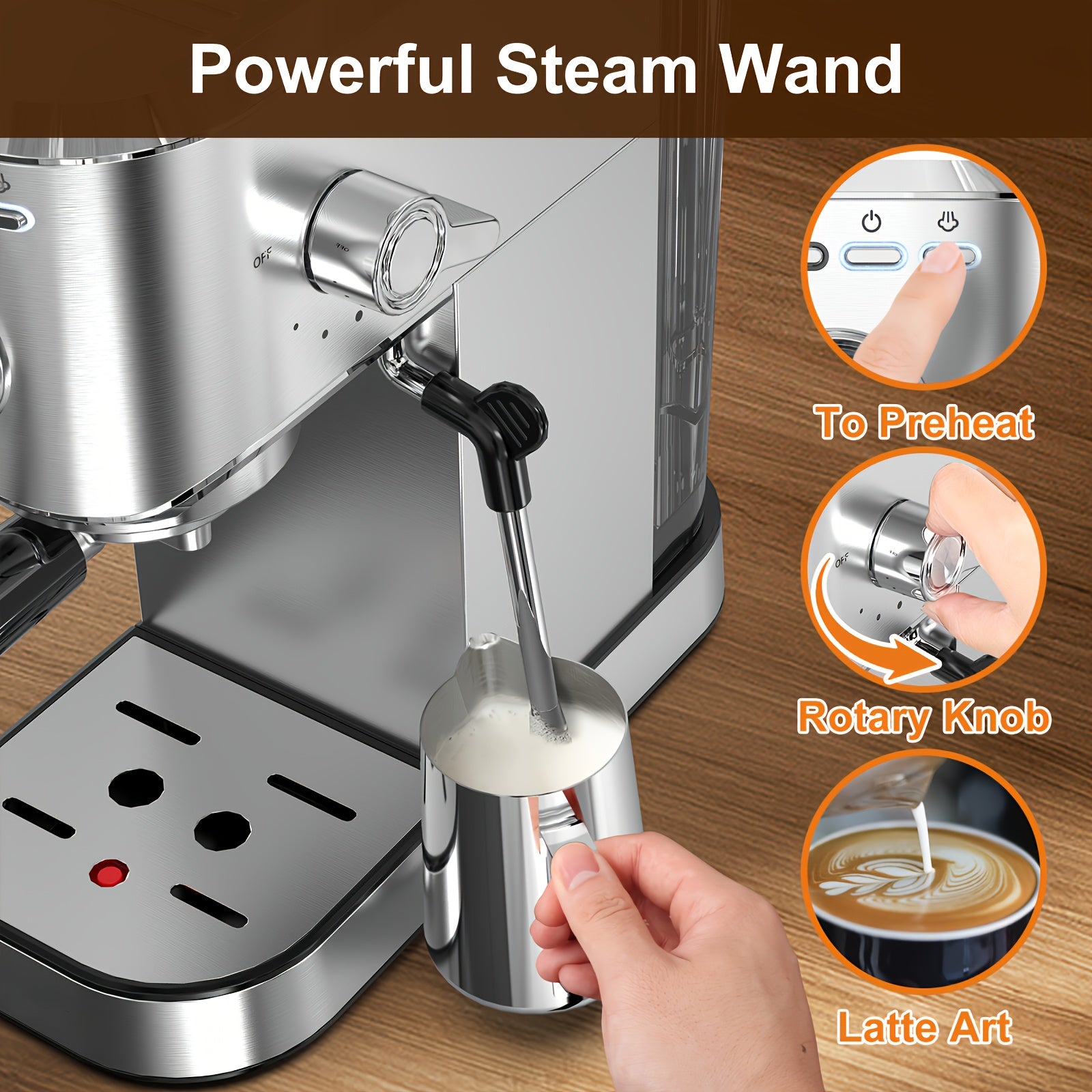 Stainless Steel Espresso Coffee Maker with 20 Bar Pump Digital Touch Screen Milk Frother for Home Office RV