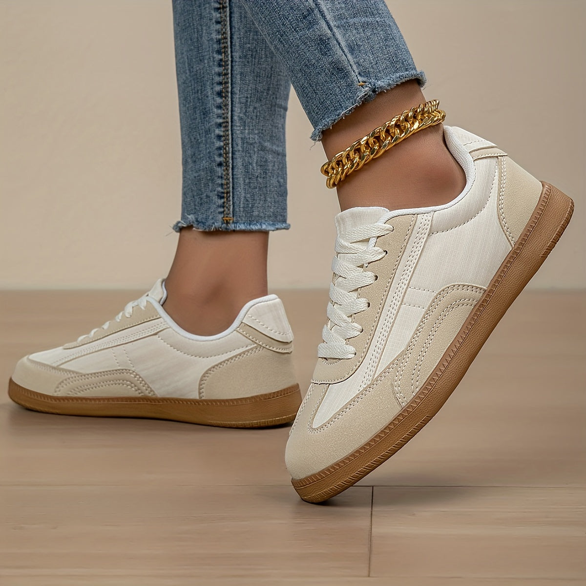Women's Casual Sneakers Breathable Mesh Non-Slip Low-Top Beige White
