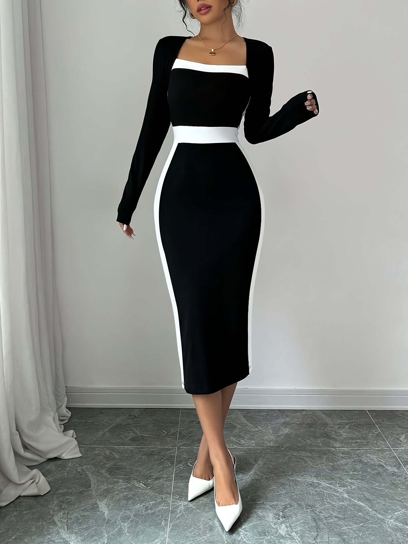 Платье с квадратным вырезом и цветным блоком для женщин, идеально подходит для весны и осени.