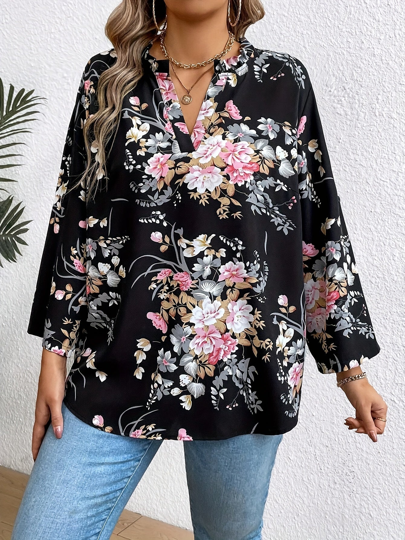 Plus Size Floral Print Blouse Long Sleeve V-Neck Spring Fall Polyester Elegant