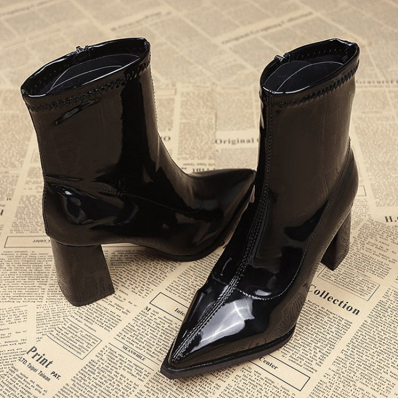 Women's Black Ankle Boots with Chunky Heel Zipper Closure Pointed Toe