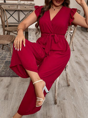 Ayollar uchun katta o'lchamli V-shakllı bo'yinli, ruffle qollu kombinezon, polyester, bir rangli, bahor va kuz uchun