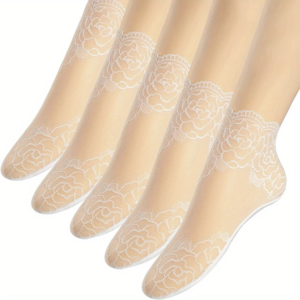 Women's Invisible Socks 5 Pairs Geometric Lace Floral Trim Polyester Spandex
