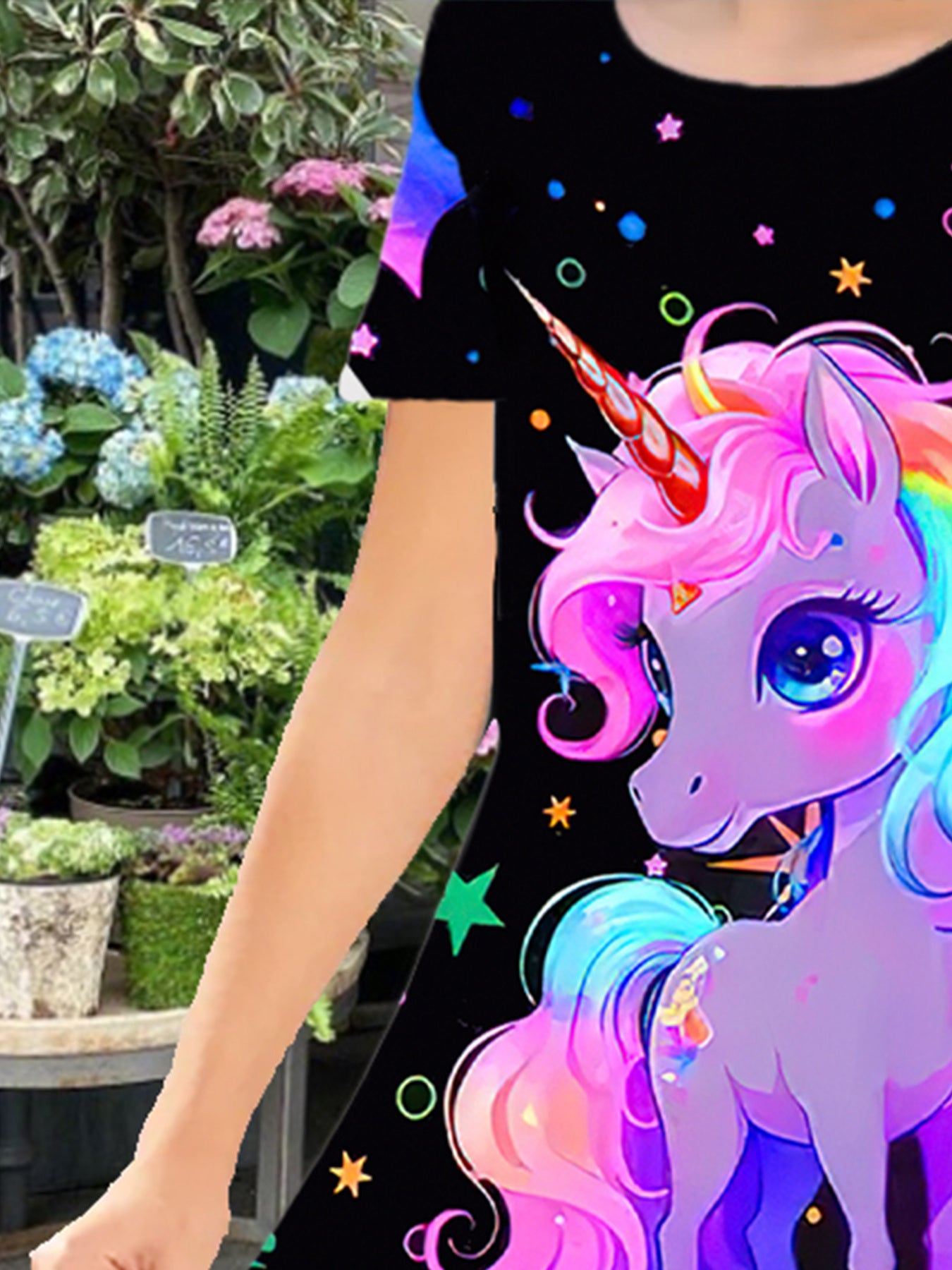 Girls' Polyester Dress with Unicorn and Star Print for Birthday and Spring Summer Events