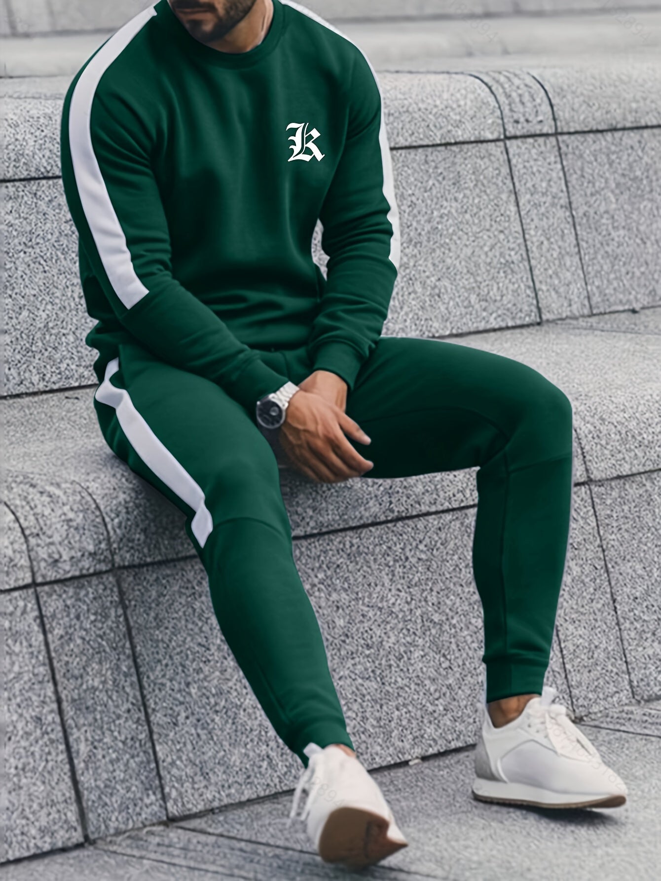 Men's Polyester Casual Tracksuit with Letter Print Crew Neck Sweatshirt and Joggers for Fall Winter