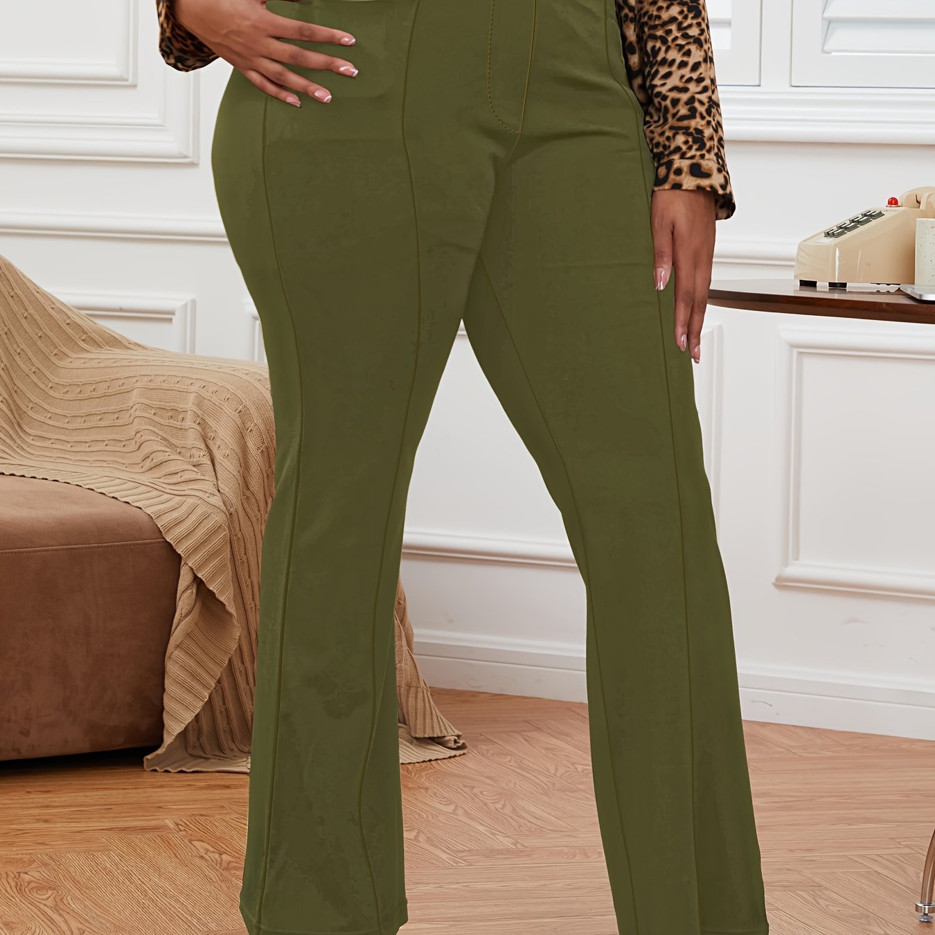 Women's Plus Size Stretch Wrinkle-Free Pull-On Dress Pants Olive Green All-Season Office Casual