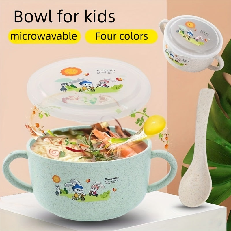 Kids Insulated Cartoon Bowl with Cutlery and Lid for Snacks and Fruits