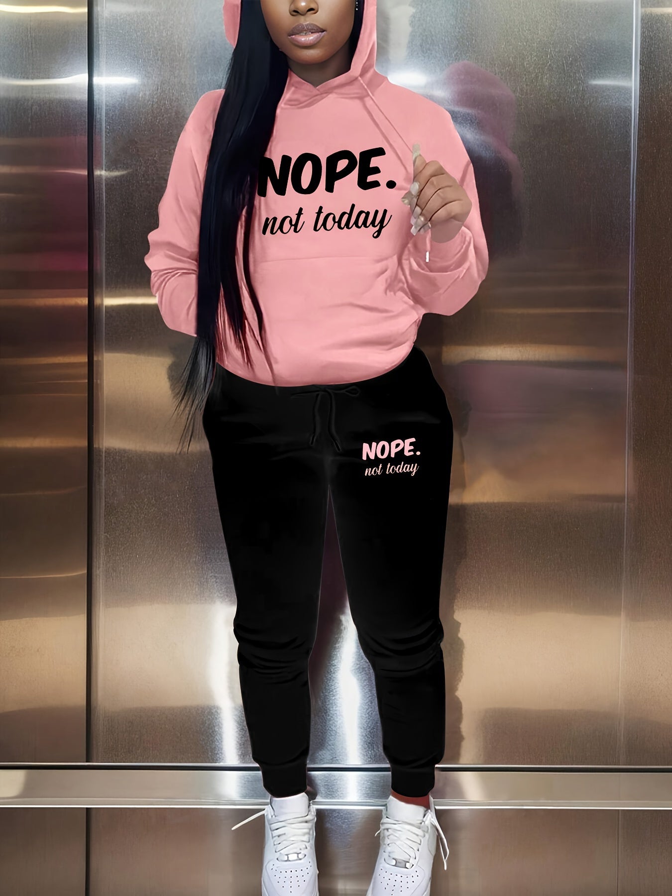 Women's Plus Size Hoodie and Joggers Set Pink Black Polyester Letter Print
