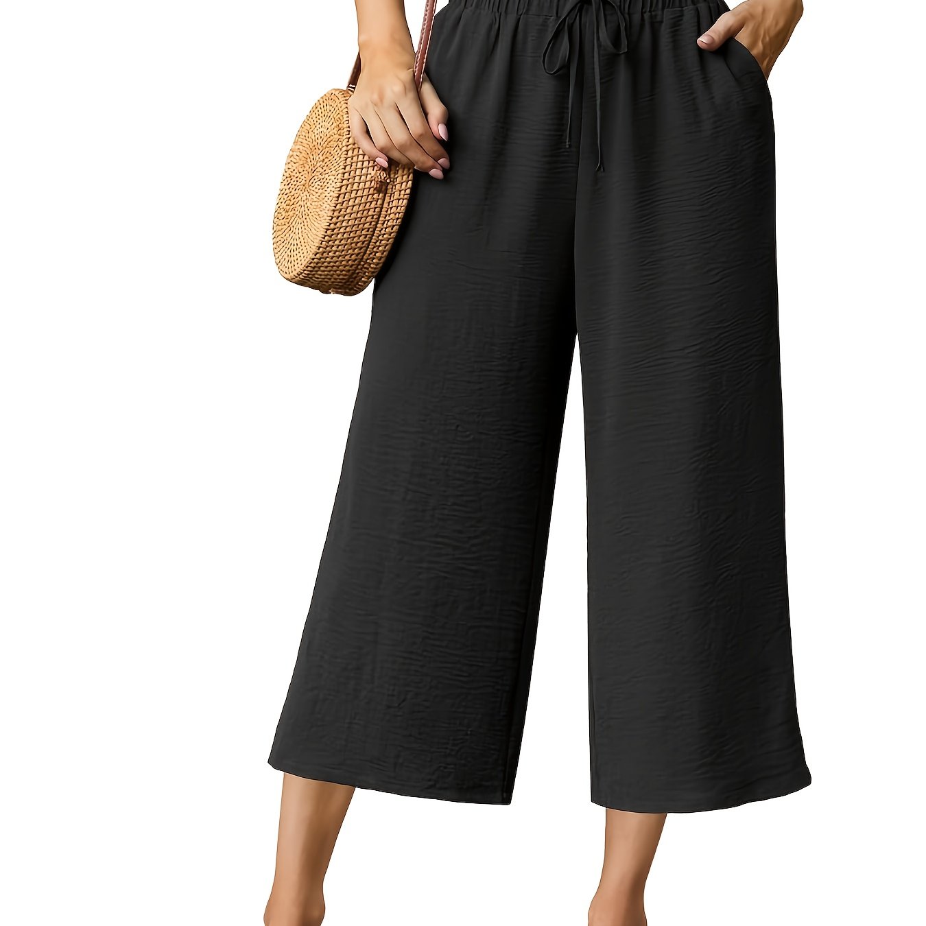 Pantalones de mujer de talla grande de cintura alta y pierna ancha con cordón elástico para verano casual