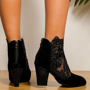 Women's Faux Cover Lace Trim Chunky Heel Ankle Boots Black Floral
