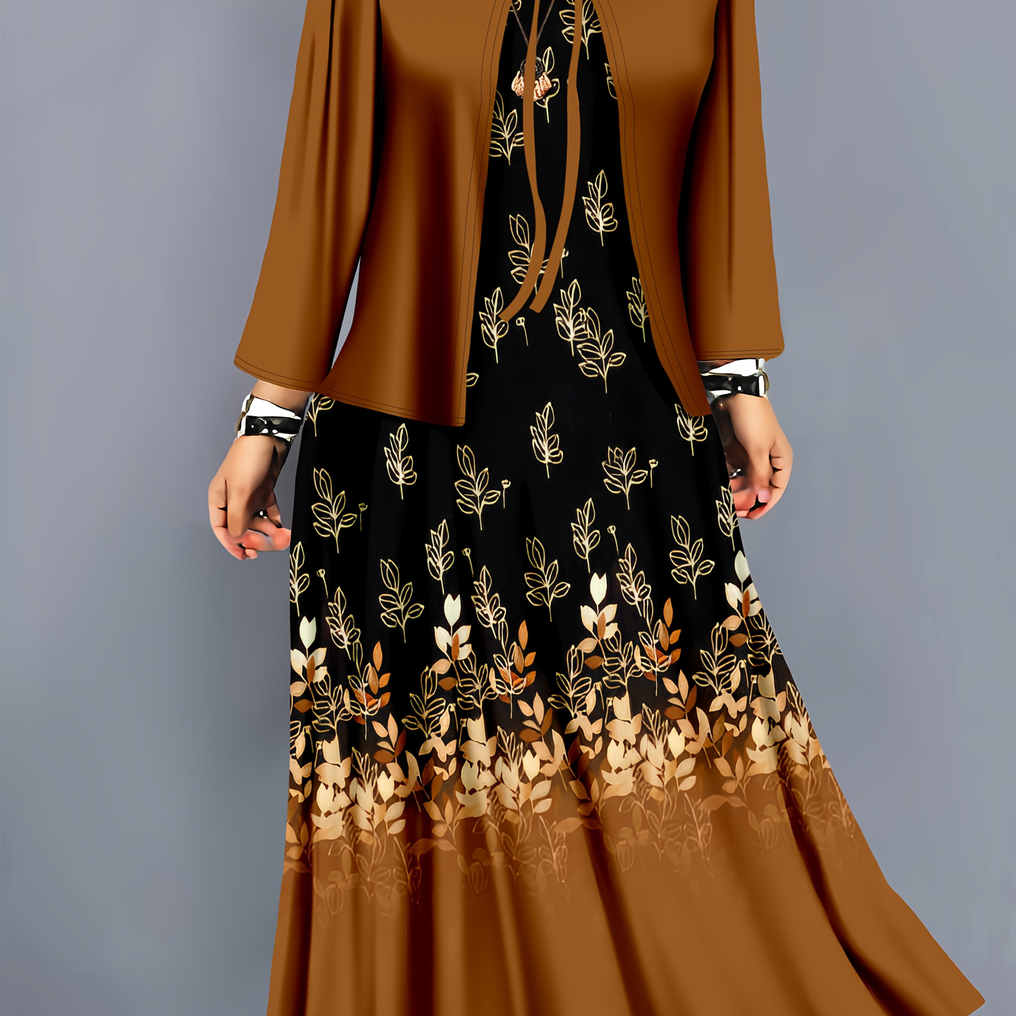 Two-Piece Set Cardigan and Floral Dress for Women Autumn Winter Elegant Knit Fabric