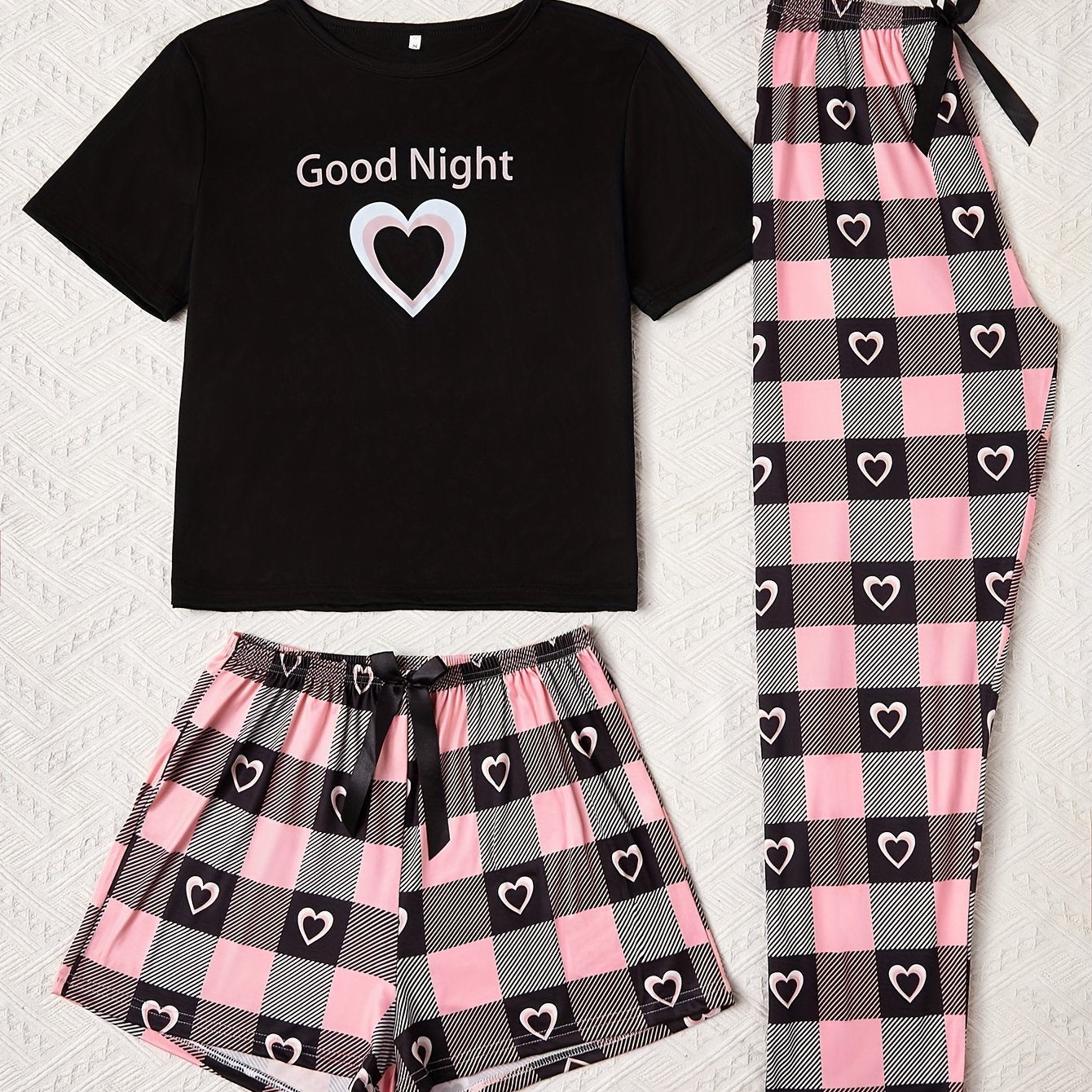 Adult Romantic Love Print Pajama Set with Short Sleeve Top Plaid Shorts and Long Pants