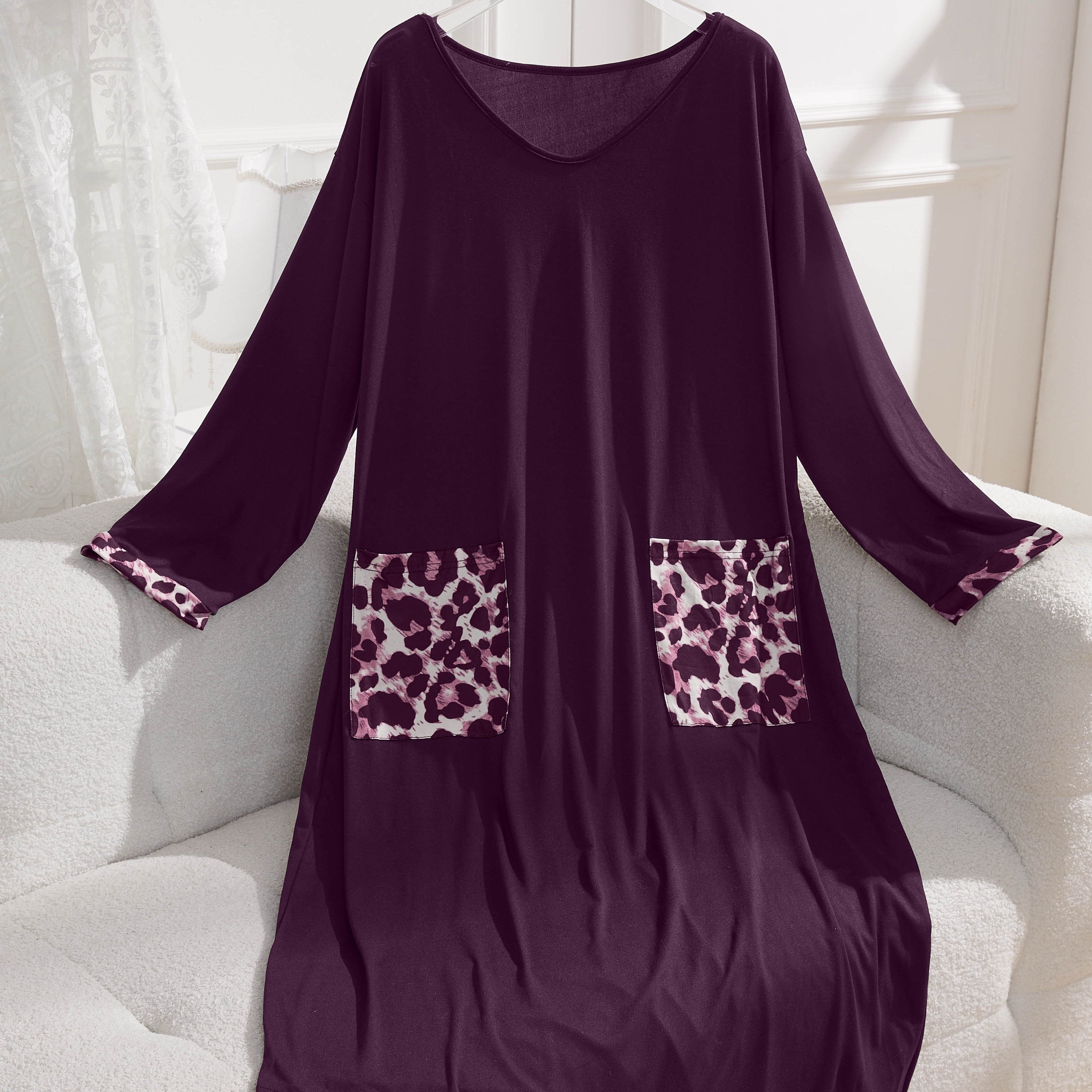 Women's Leopard Print Night Dress Long Sleeve Knit Pullover