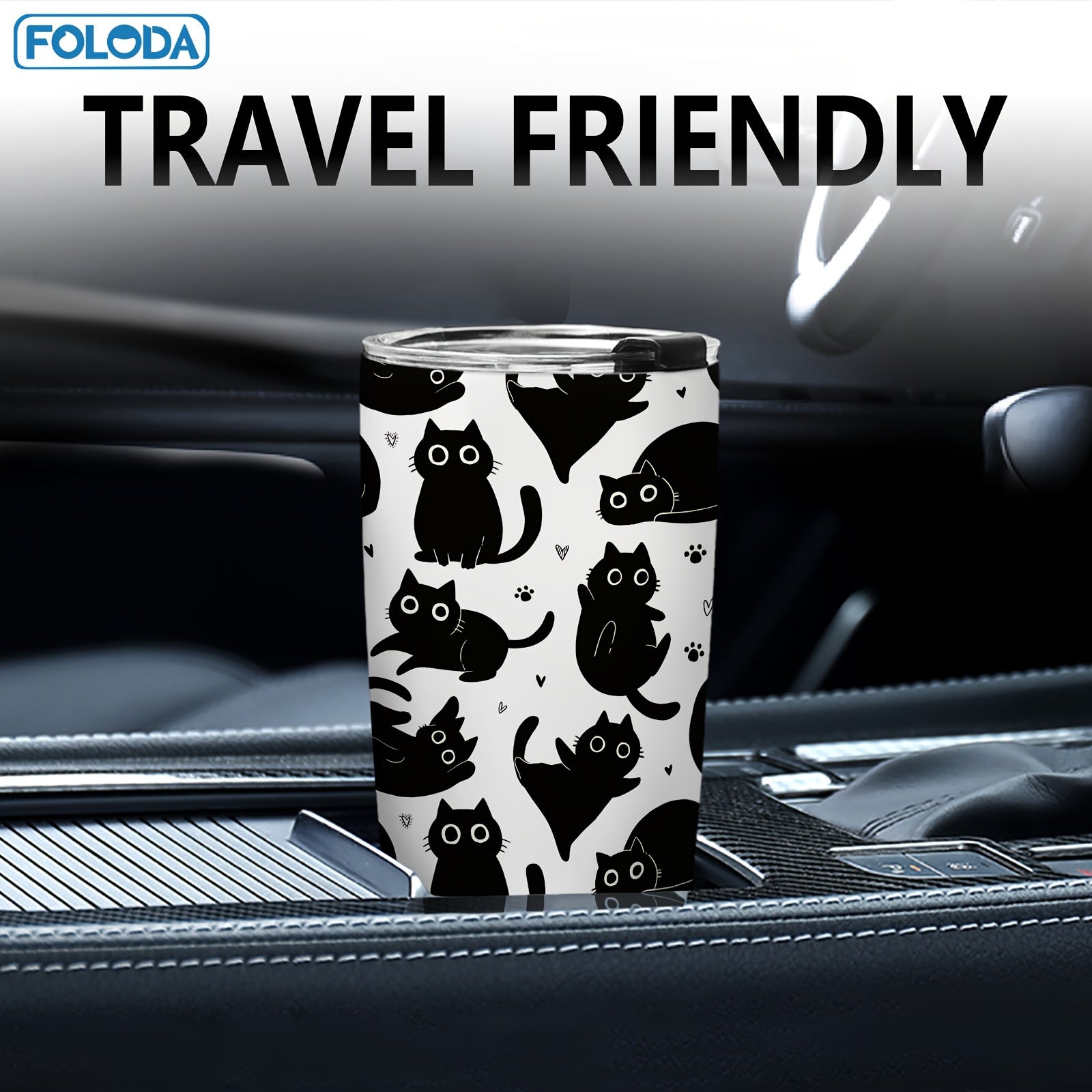 20oz Black Insulated Stainless Steel Tumbler with Lid for Cats and Gifts