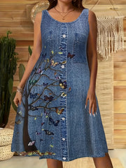 Plus Size Women's Cotton Sleep Dress with Butterfly Tree and Denim Print