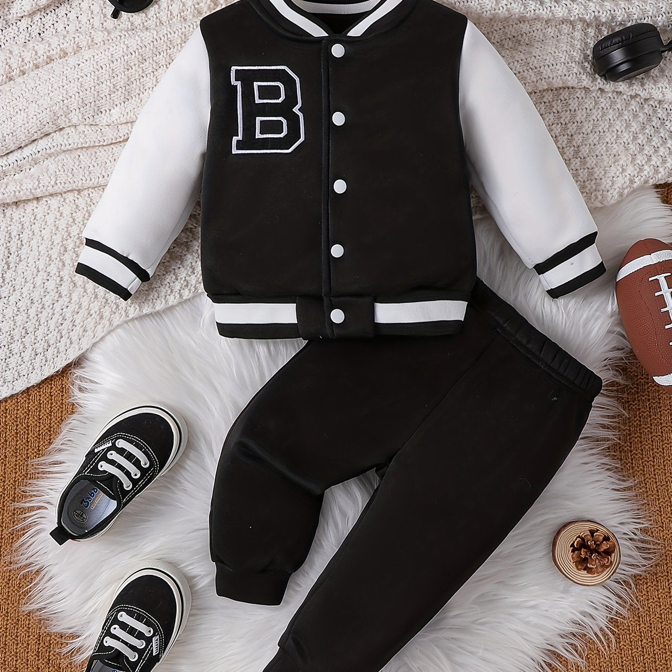 Baby Boys' Fall Winter Baseball Jersey Set with Letter Pattern Coat Top and Pants
