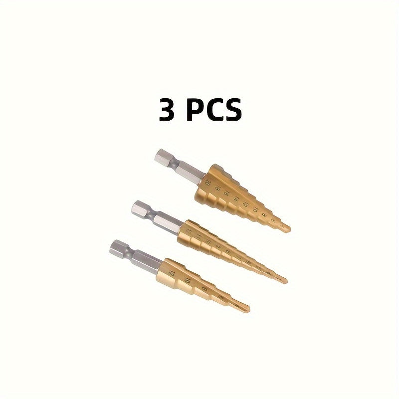 3-Piece Titanium-Coated High-Speed Steel Step Drill Bit Set for Wood and Metal