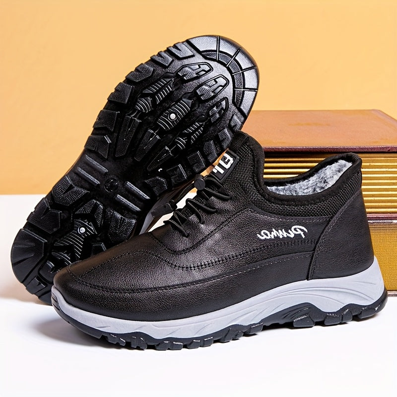 Men's Black Gray Fleece-Lined Slip-Resistant Winter Boots Rubber Sole Casual