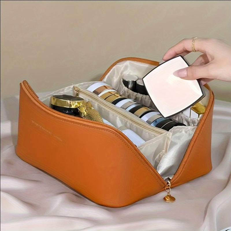 Double-Layer Leather Travel Cosmetic Bag for Men and Women Waterproof Makeup Organizer
