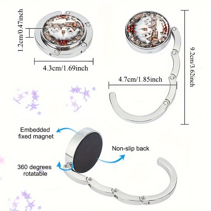 Portable Folding Purse Hook Table Accessory with Christmas Village Snow Scene Design