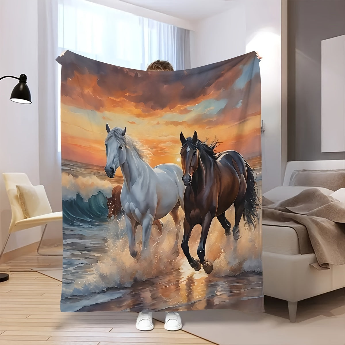 Digital Print Flannel Throw Blanket with Horses for Sofa Bed Camping All-Season