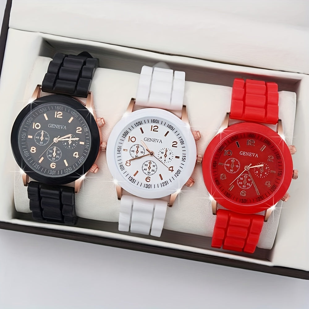 Set of 2 Black and White Quartz Watches with Silicone Bands for Couples Valentine’s Day Gift