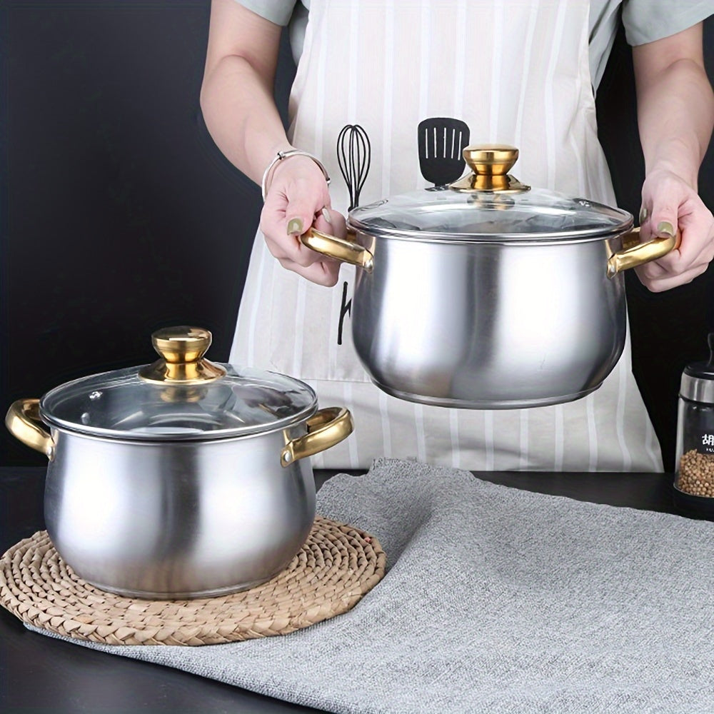 Set of Soup Pots with Golden Handles and Curved Bottoms