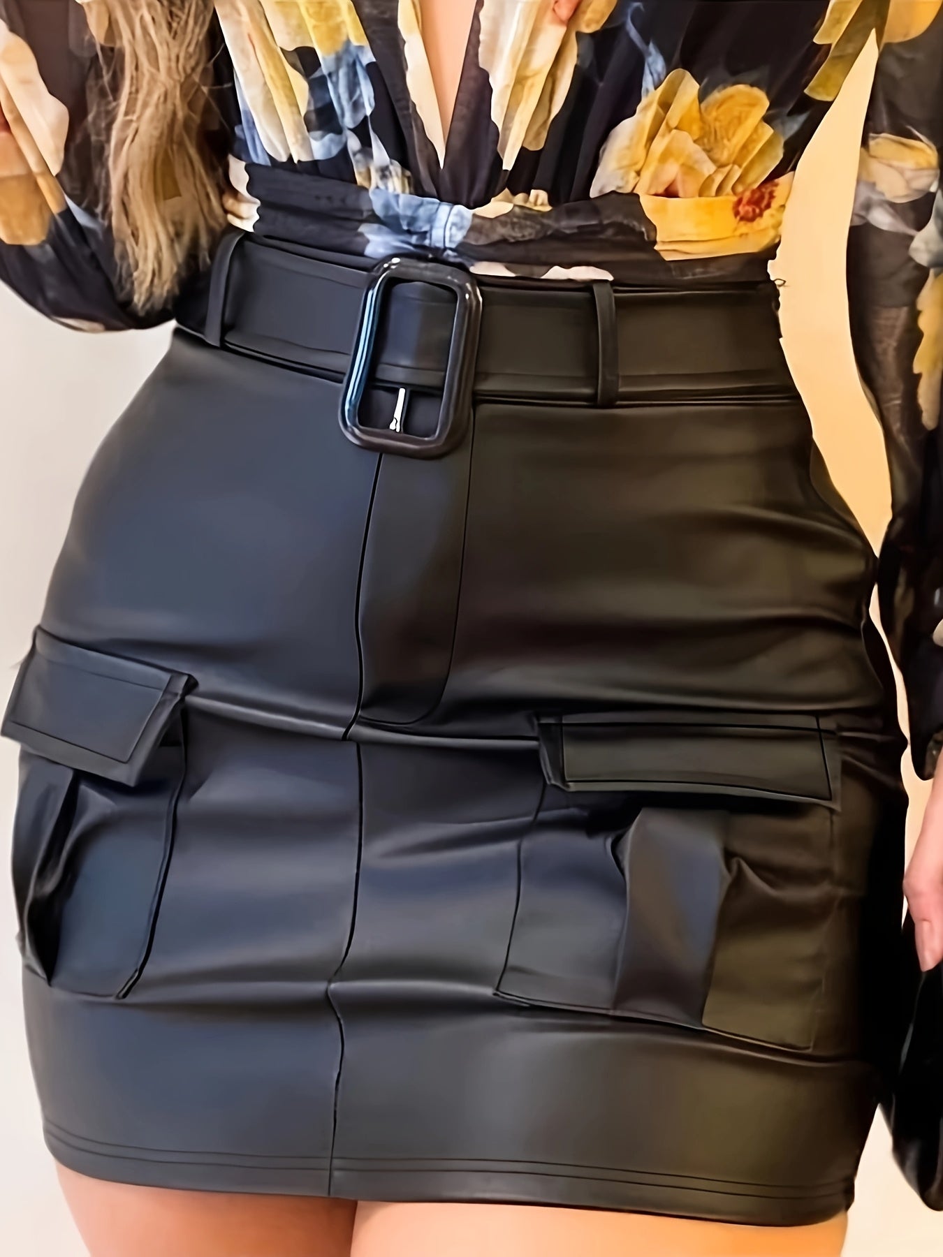 Women's High-Waisted Black Stretch Skirt with Pockets for Spring Summer Fall