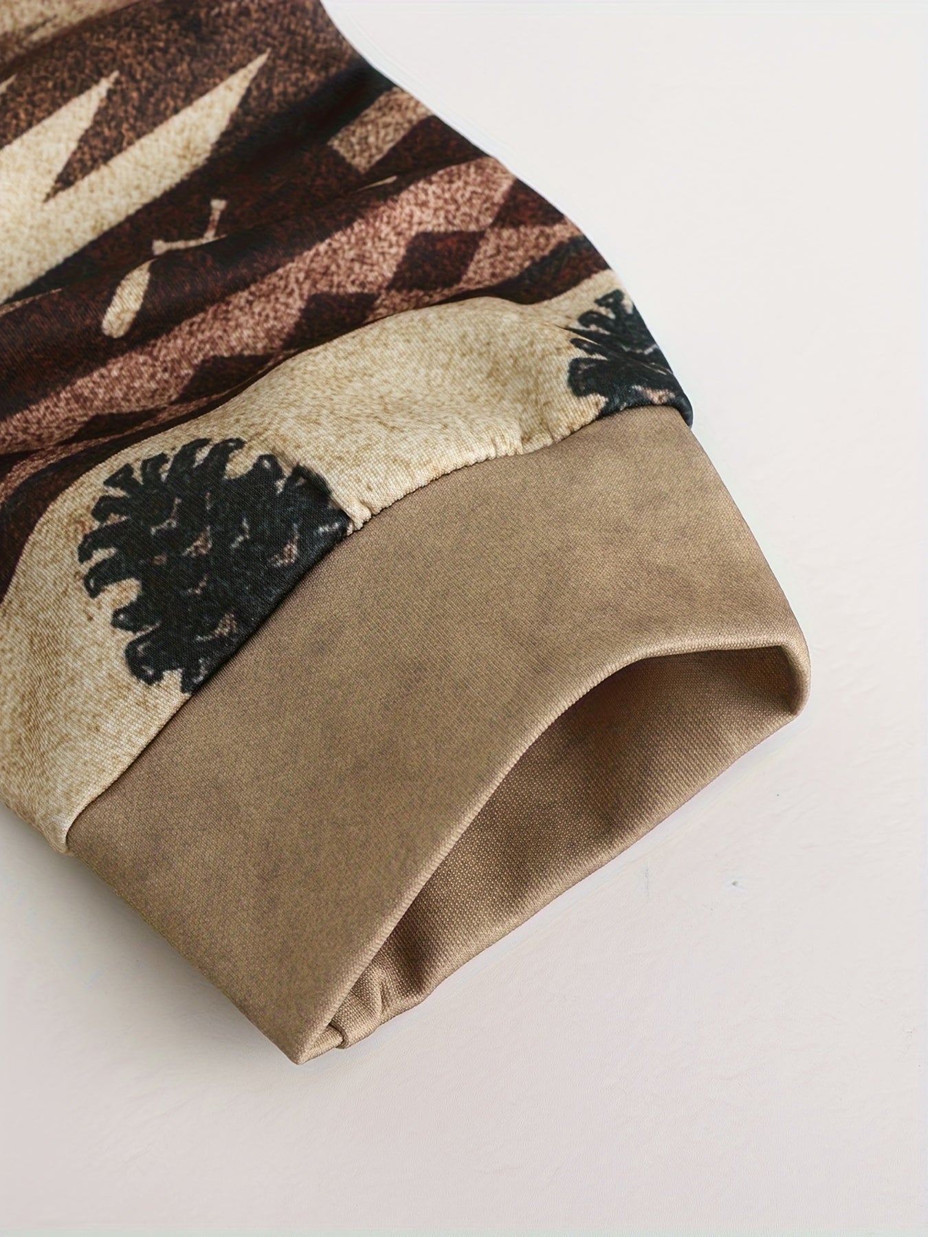 Erkaklar uchun vintage moose printli fermuarlı kapüşon, ipli bo'yin, geometrik naqshli yenglar, polyester aralashmasi, kuz va qish ko'cha kiyimlari, dam olish kiyimlari uchun mukammal, spandeks qulayligi, katta o'lcham.