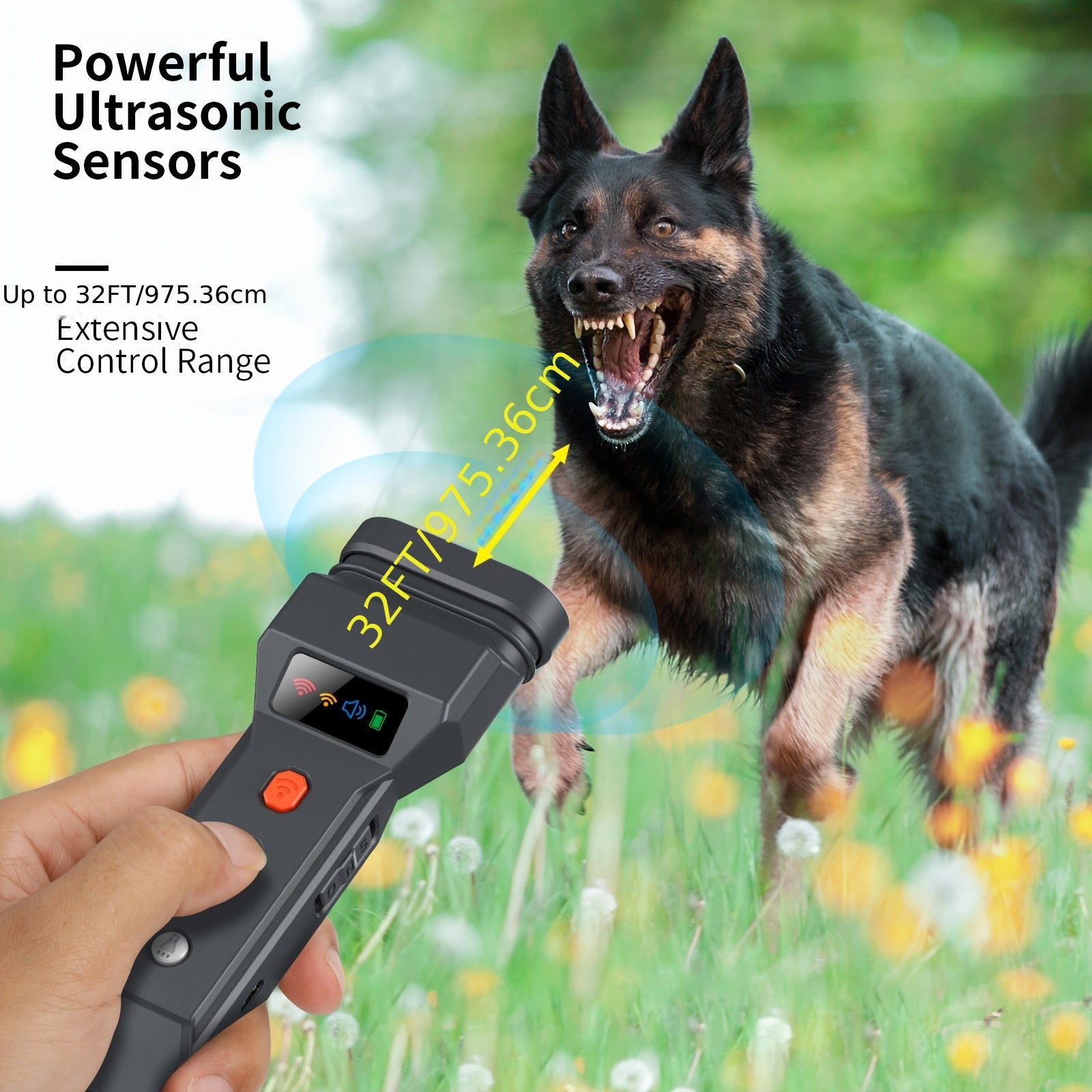 Dog Repeller with Soundwave Technology, 3 Emitters, Beep Sound and Flashlight for Outdoor Use