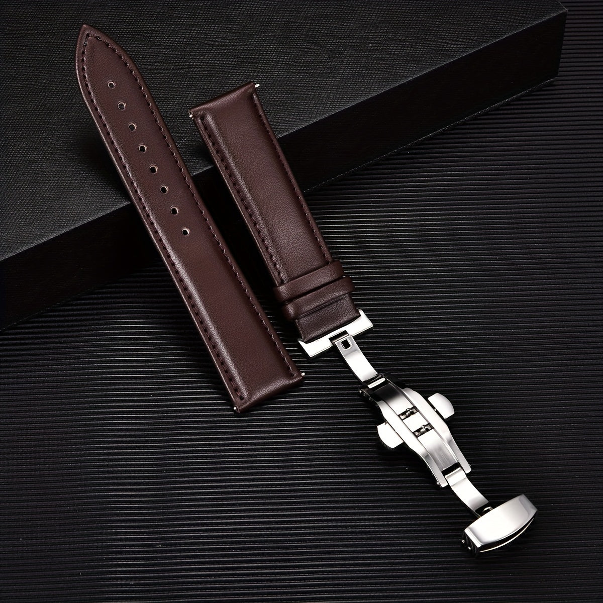 Double Press Solid Butterfly Buckle PU Leather Watch Strap 18mm 20mm 22mm 24mm