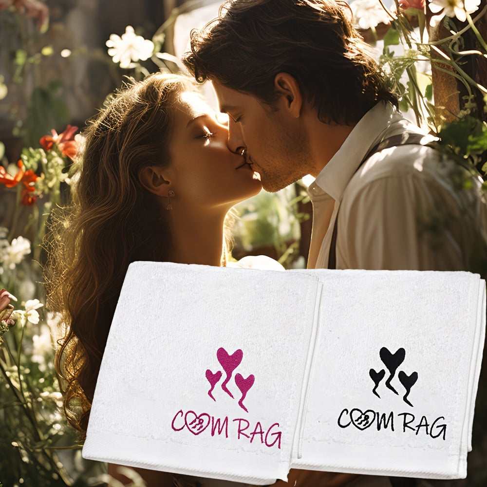 Romantic Embroidered Cotton Towel for Couples Heart Design Soft Absorbent Gift